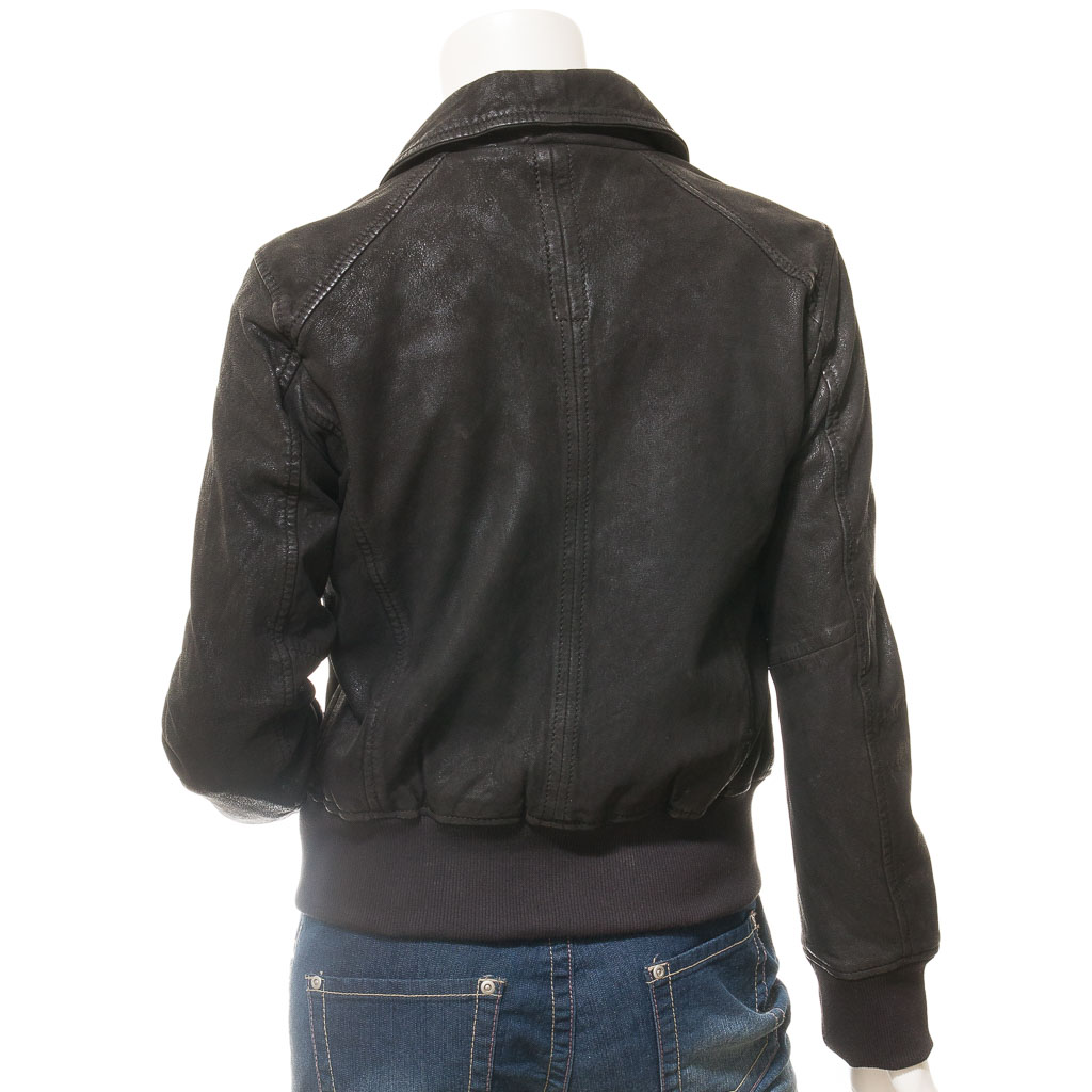 WOMEN'S BLACK LEATHER BOMBER JACKET: NICEVILLE-4