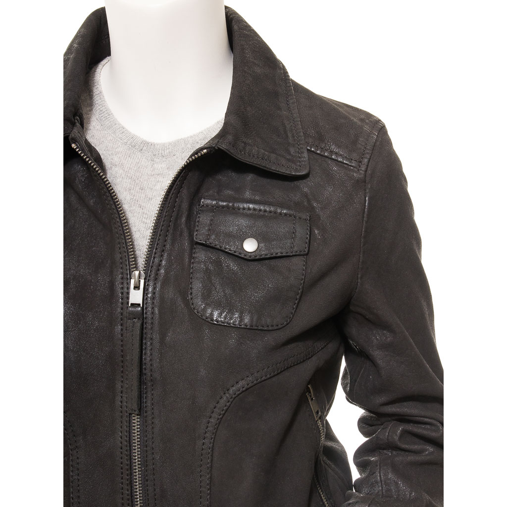 WOMEN'S BLACK LEATHER BOMBER JACKET: NICEVILLE-2