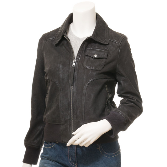 WOMEN'S BLACK LEATHER BOMBER JACKET: NICEVILLE-0