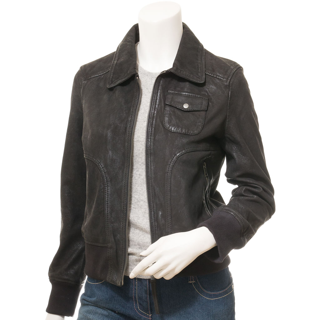 WOMEN'S BLACK LEATHER BOMBER JACKET: NICEVILLE-1