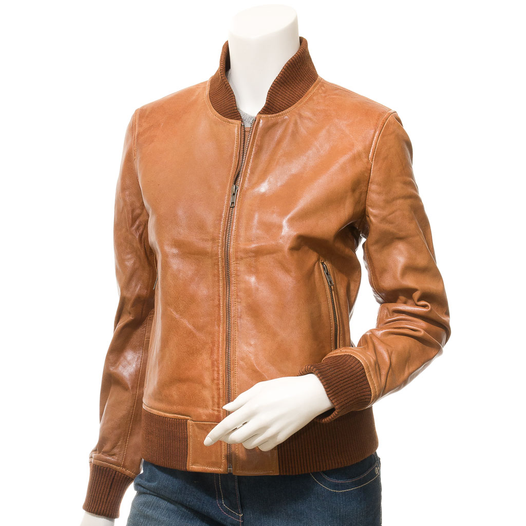 WOMEN'S TAN LEATHER BOMBER JACKET: RAIFORD-0