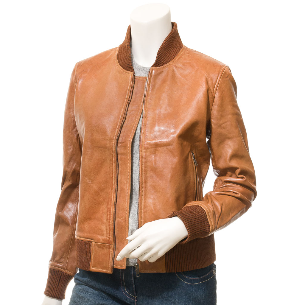 WOMEN'S TAN LEATHER BOMBER JACKET: RAIFORD-1