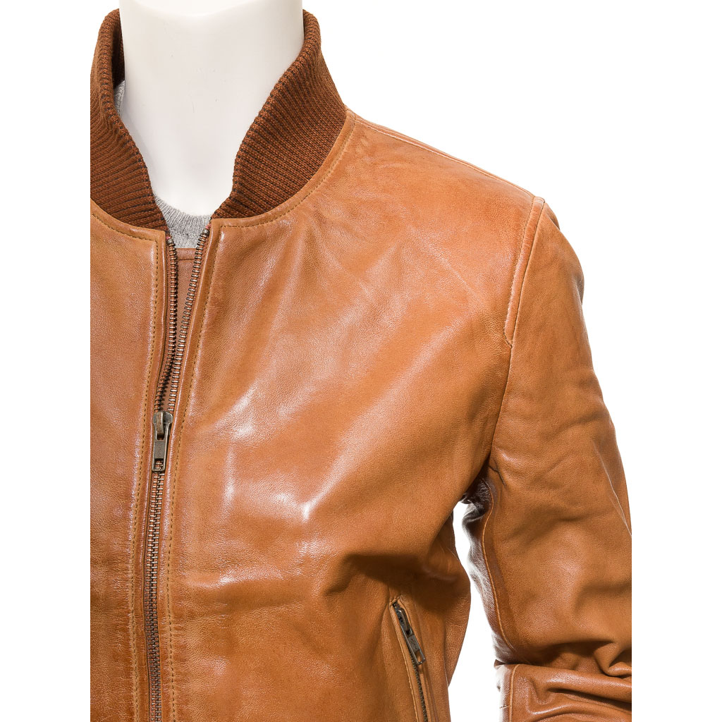 WOMEN'S TAN LEATHER BOMBER JACKET: RAIFORD-2