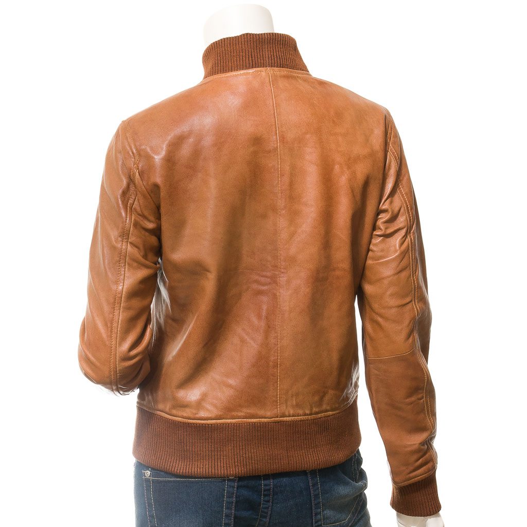 WOMEN'S TAN LEATHER BOMBER JACKET: RAIFORD-3