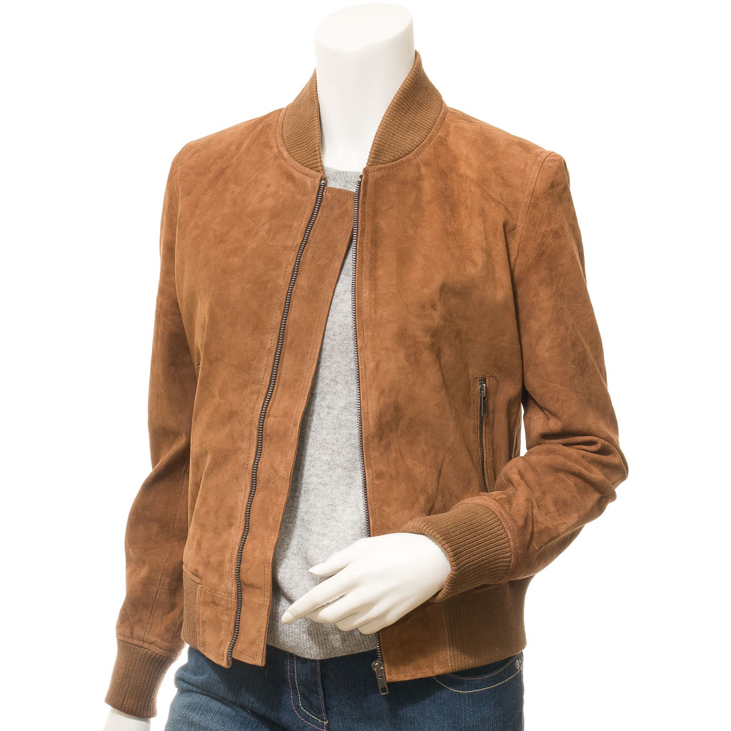 WOMEN'S TAN SUEDE BOMBER JACKET: RAIFORD-1