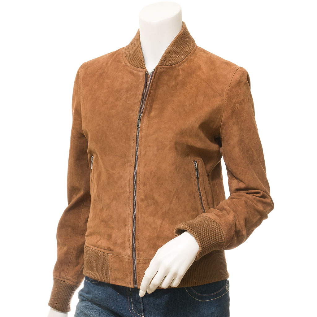 WOMEN'S TAN SUEDE BOMBER JACKET: RAIFORD-0