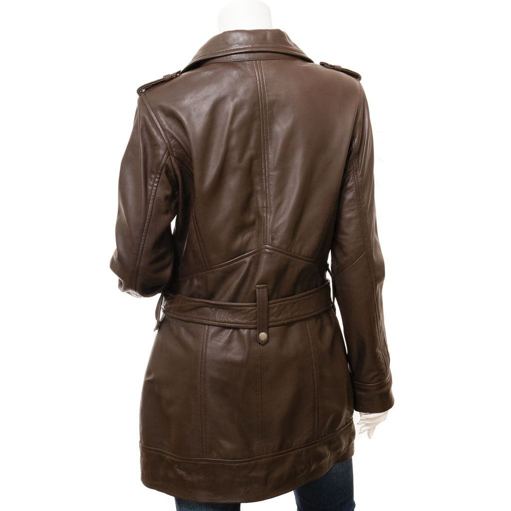 WOMEN'S BROWN LEATHER TRENCH COAT: MADEIRA-3