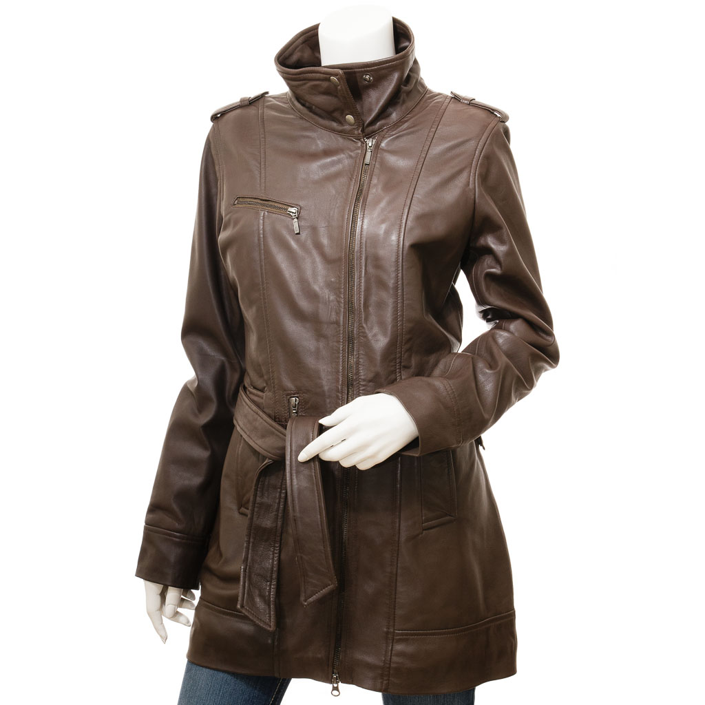 WOMEN'S BROWN LEATHER TRENCH COAT: MADEIRA-1