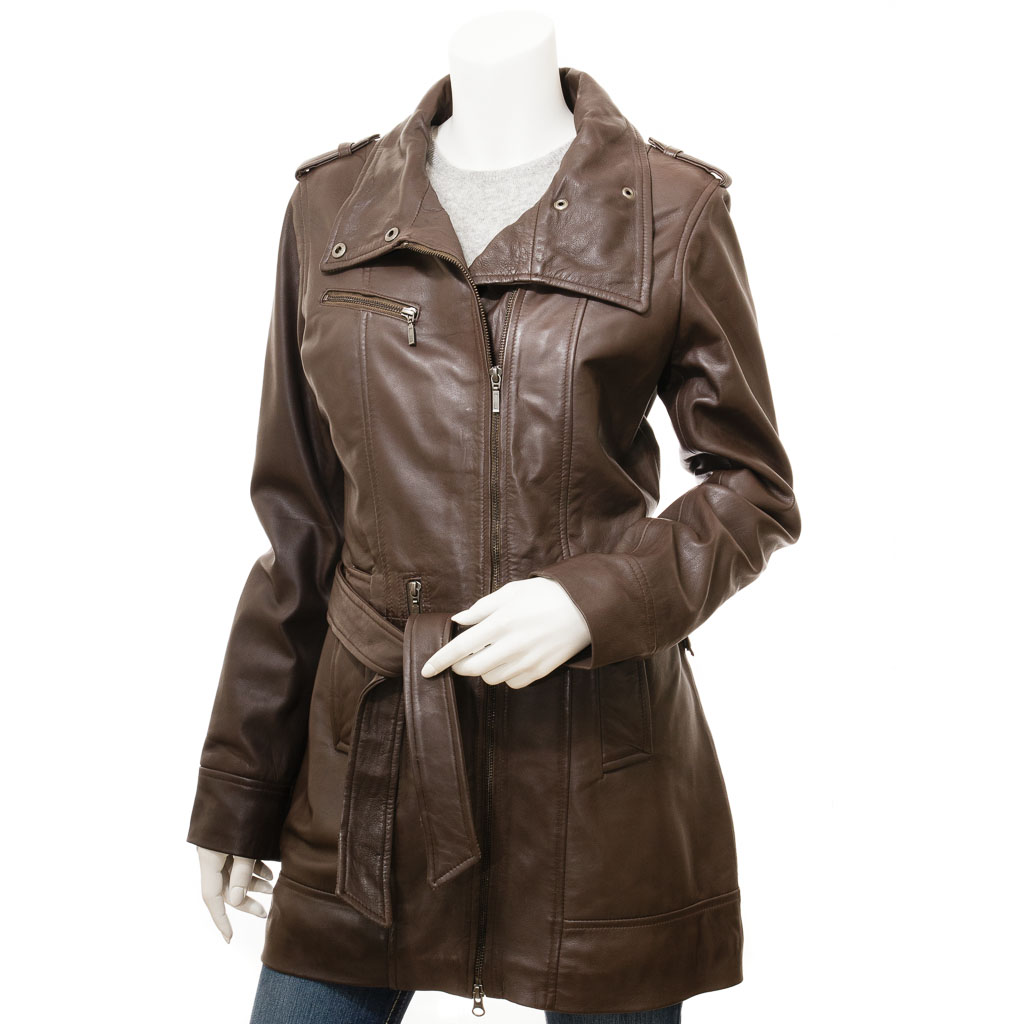 WOMEN'S BROWN LEATHER TRENCH COAT: MADEIRA-0