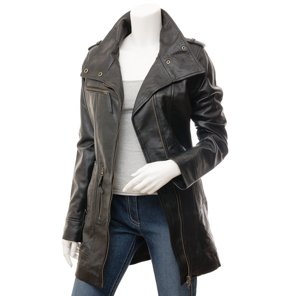 WOMEN'S BLACK LEATHER TRENCH COAT: MADEIRA-1