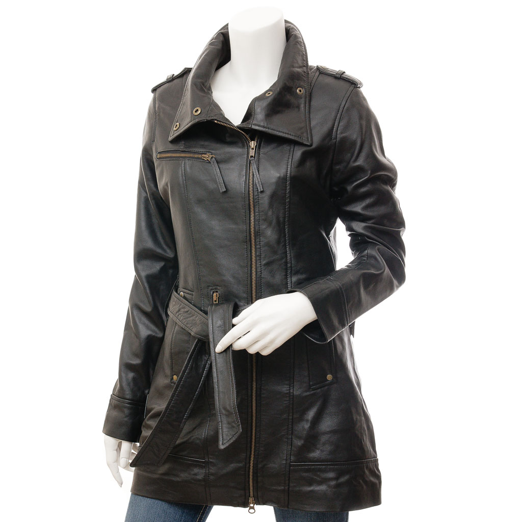 WOMEN'S BLACK LEATHER TRENCH COAT: MADEIRA-0