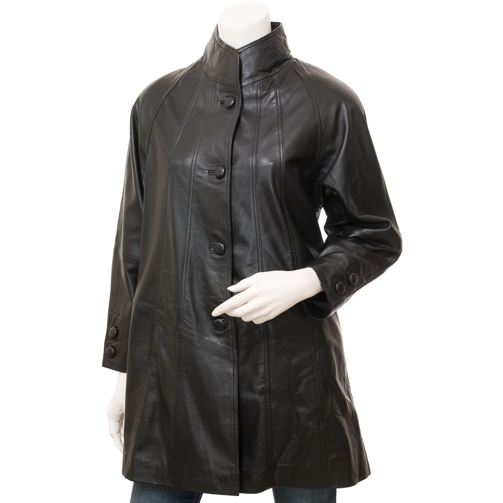 WOMEN'S CLASSIC BLACK LEATHER COAT: LYNN HAVEN-0