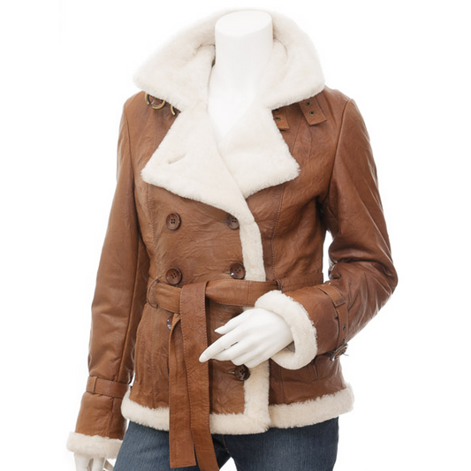 WOMEN'S TAN SHEEPSKIN SHEARLING JACKET: ROSENBERG-0