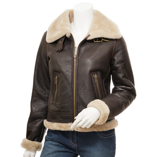 WOMEN'S BROWN SHEEPSKIN AVIATOR JACKET: ENNIS-0