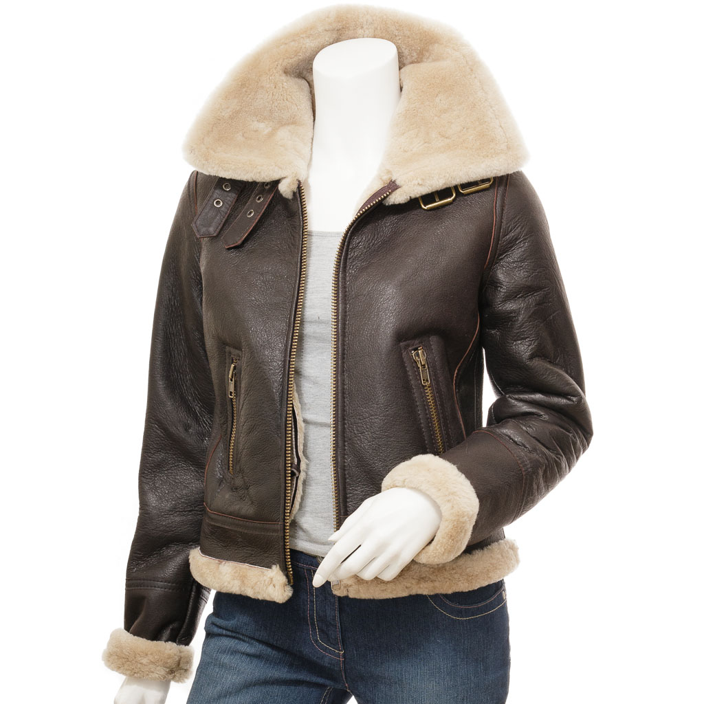 WOMEN'S BROWN SHEEPSKIN AVIATOR JACKET: ENNIS-1