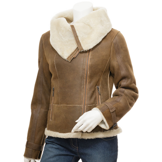 WOMEN'S TAN BIKER SHEEPSKIN LEATHER JACKET: PROSPER-0