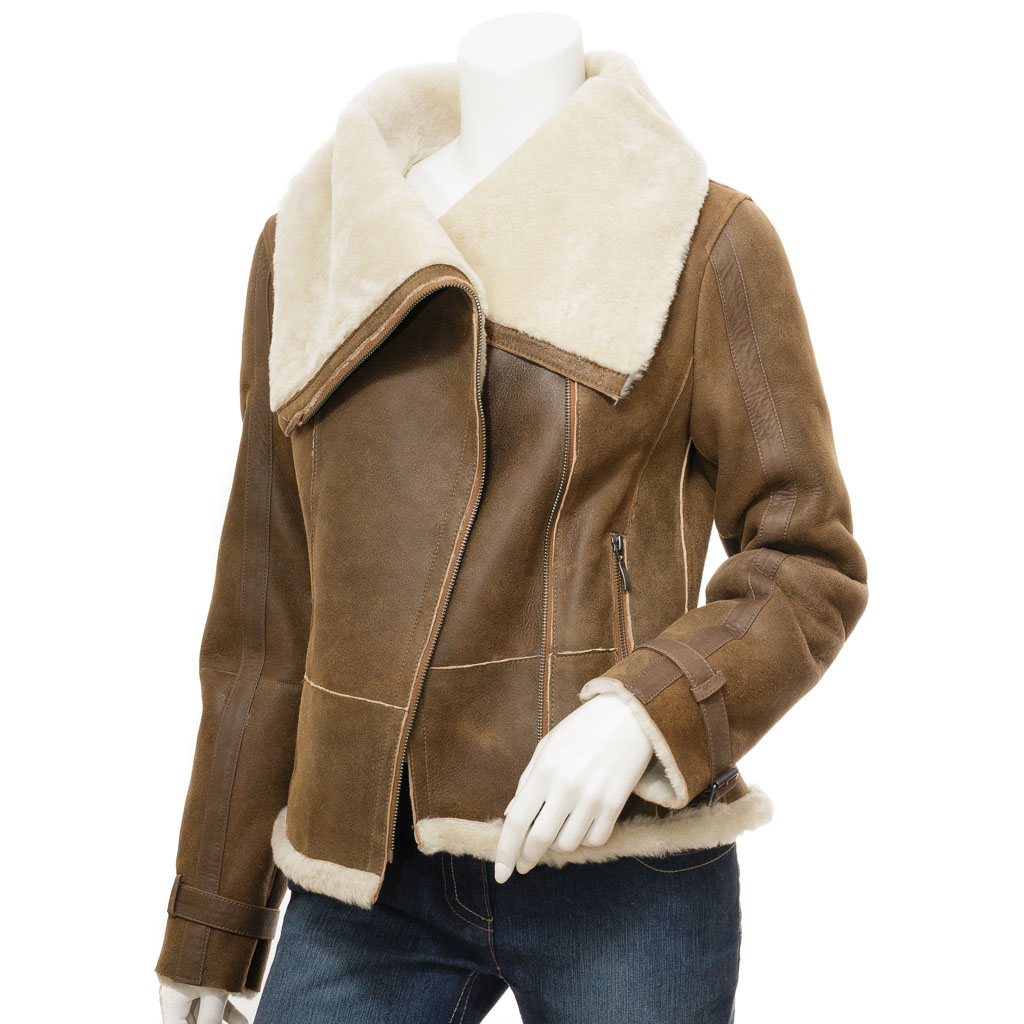 WOMEN'S TAN BIKER SHEEPSKIN LEATHER JACKET: PROSPER-1