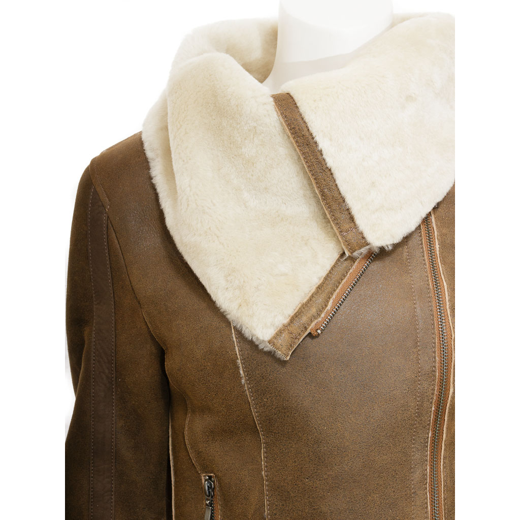 WOMEN'S TAN BIKER SHEEPSKIN LEATHER JACKET: PROSPER-2