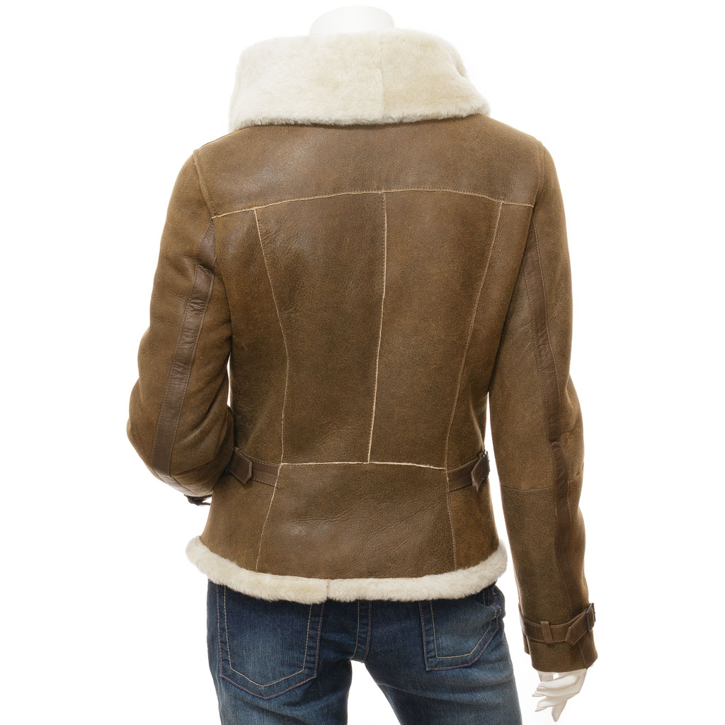 WOMEN'S TAN BIKER SHEEPSKIN LEATHER JACKET: PROSPER-4