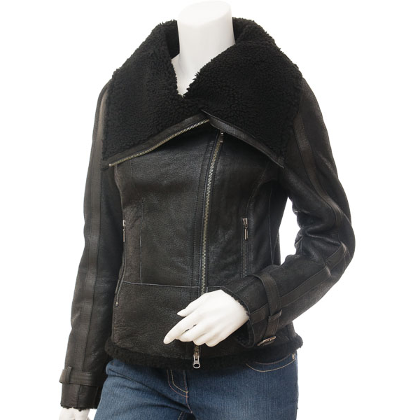 WOMEN'S BLACK BIKER SHEEPSKIN LEATHER JACKET: PROSPER-0