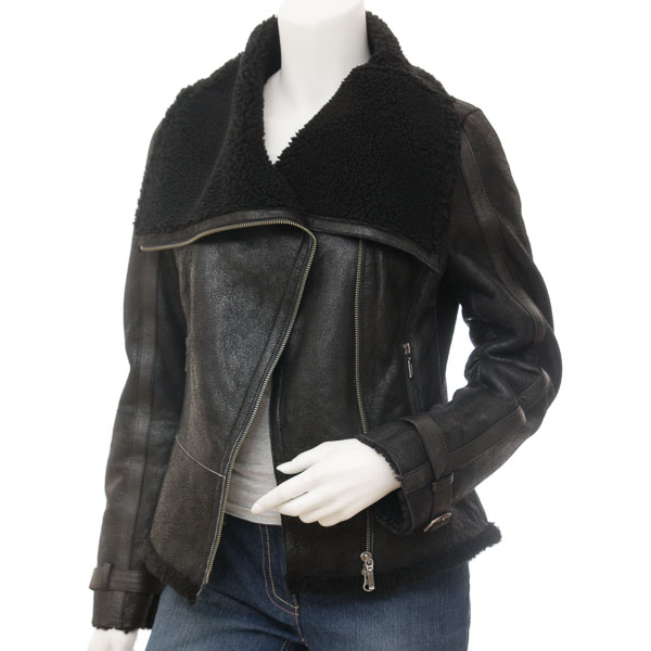 WOMEN'S BLACK BIKER SHEEPSKIN LEATHER JACKET: PROSPER-1