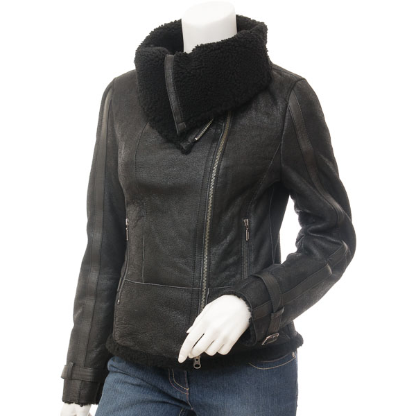 WOMEN'S BLACK BIKER SHEEPSKIN LEATHER JACKET: PROSPER-2