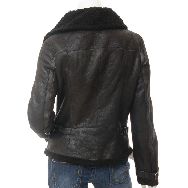 WOMEN'S BLACK BIKER SHEEPSKIN LEATHER JACKET: PROSPER-4