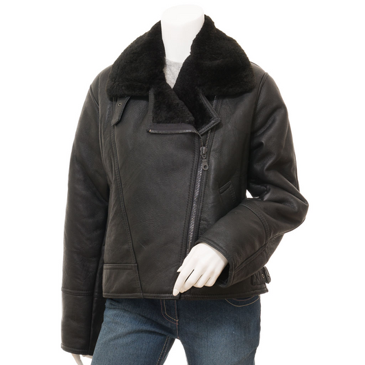 WOMEN'S BLACK SHEEPSKIN AVIATOR JACKET: ANGLETON-0