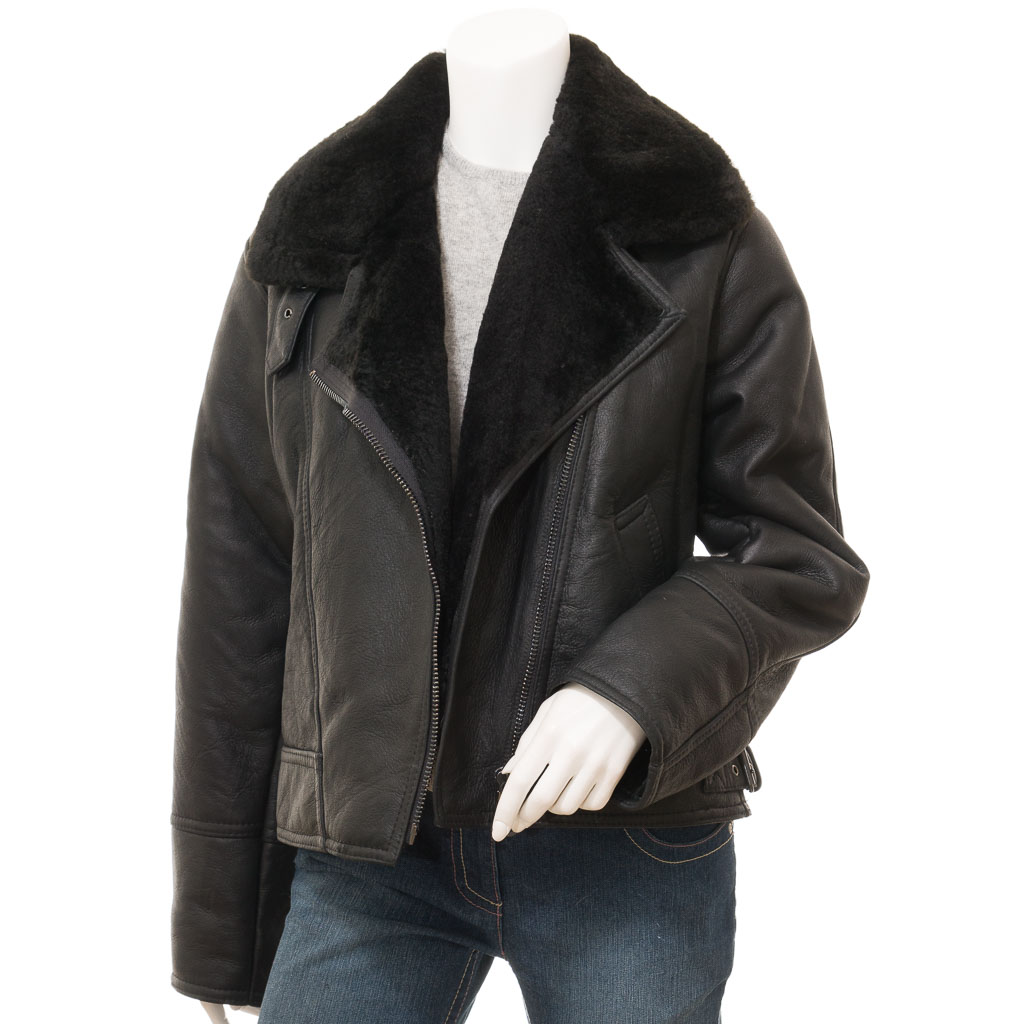 WOMEN'S BLACK SHEEPSKIN AVIATOR JACKET: ANGLETON-1