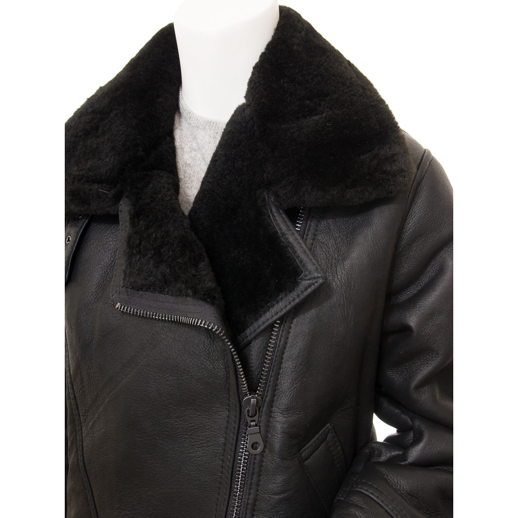 WOMEN'S BLACK SHEEPSKIN AVIATOR JACKET: ANGLETON-2