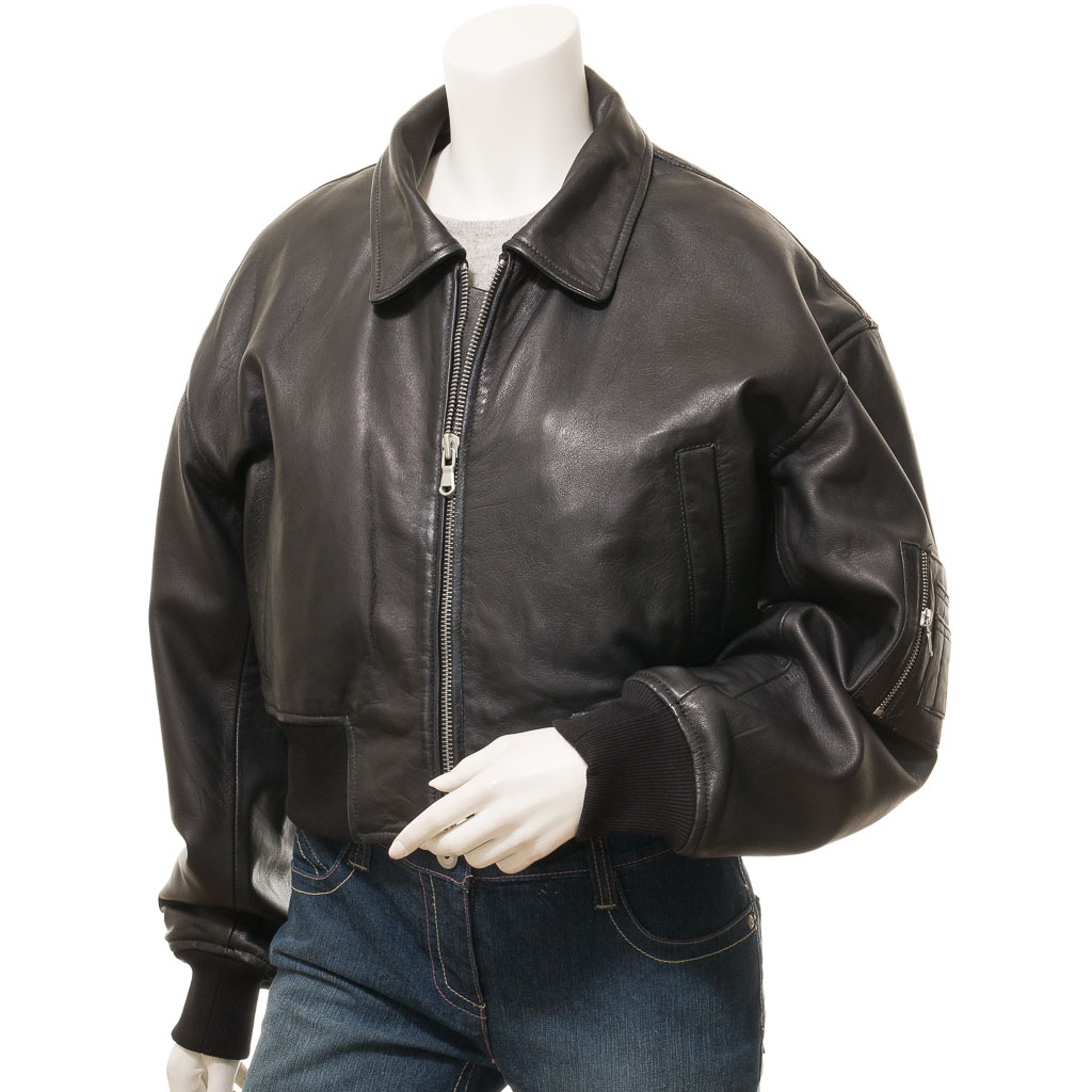 WOMEN'S BLACK LEATHER BOMBER JACKET: NOMA-0