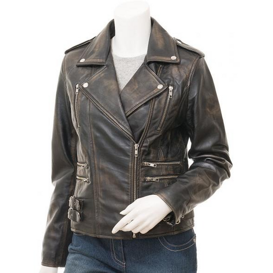 WOMEN'S VINTAGE LEATHER BIKER JACKET: ELBA-0