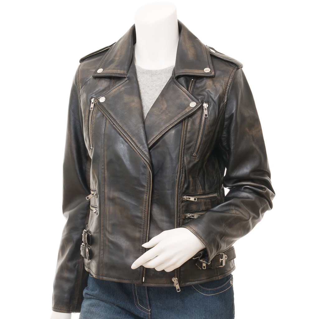 WOMEN'S VINTAGE LEATHER BIKER JACKET: ELBA-1