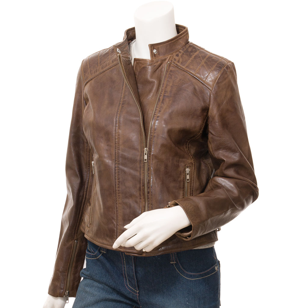 WOMEN'S BROWN LEATHER BIKER JACKET: ALMA-0