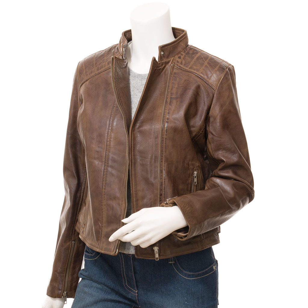 WOMEN'S BROWN LEATHER BIKER JACKET: ALMA-1