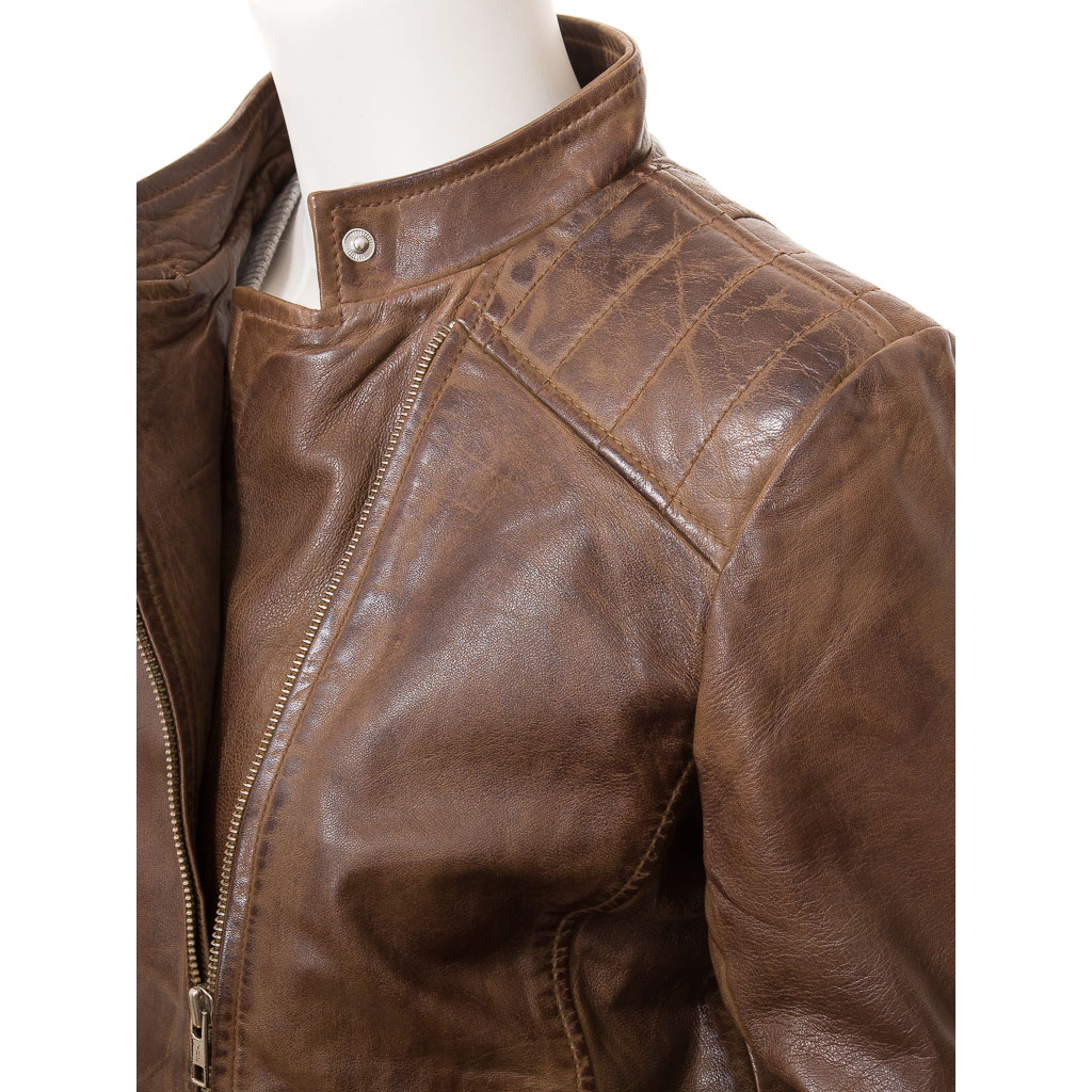 WOMEN'S BROWN LEATHER BIKER JACKET: ALMA-3