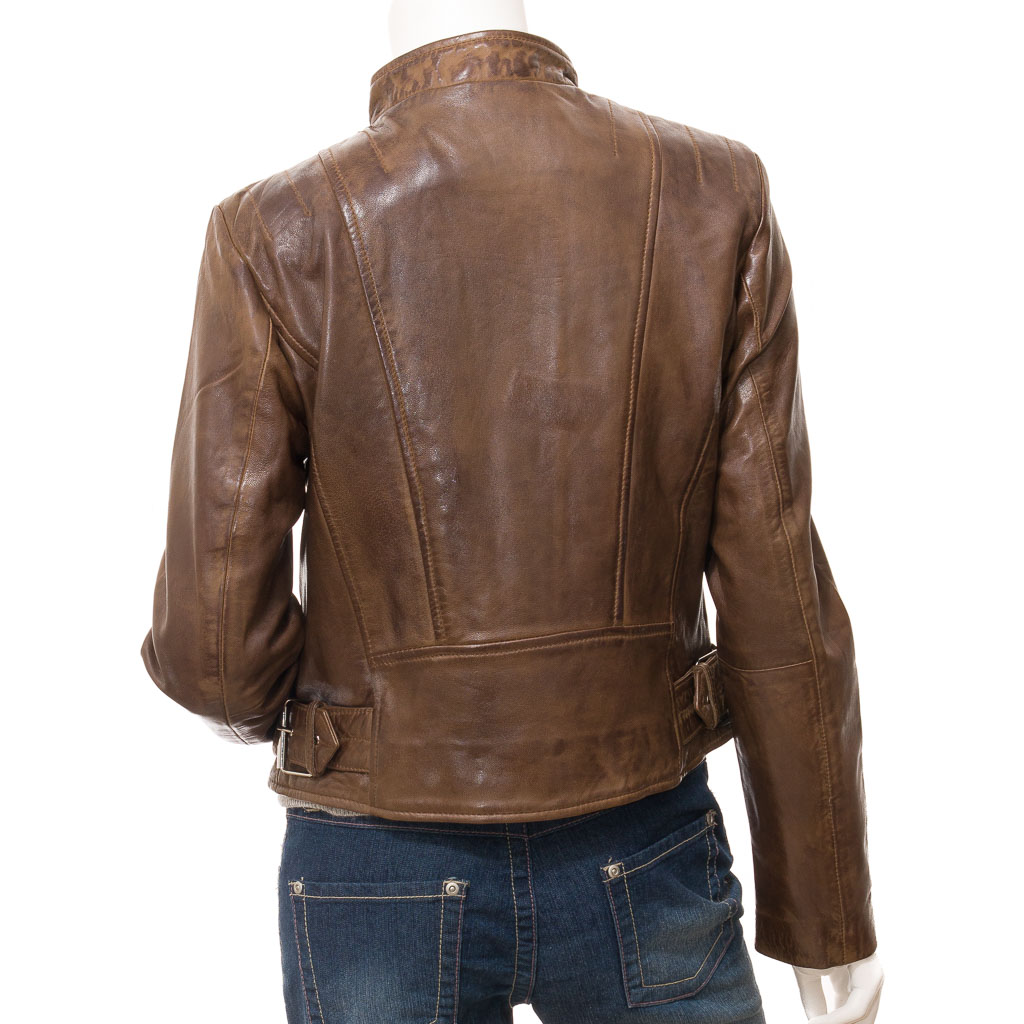 WOMEN'S BROWN LEATHER BIKER JACKET: ALMA-2