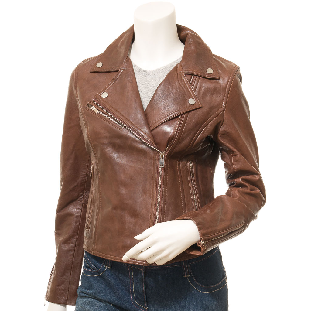 WOMEN'S BROWN LEATHER BIKER JACKET: AMENIA-0