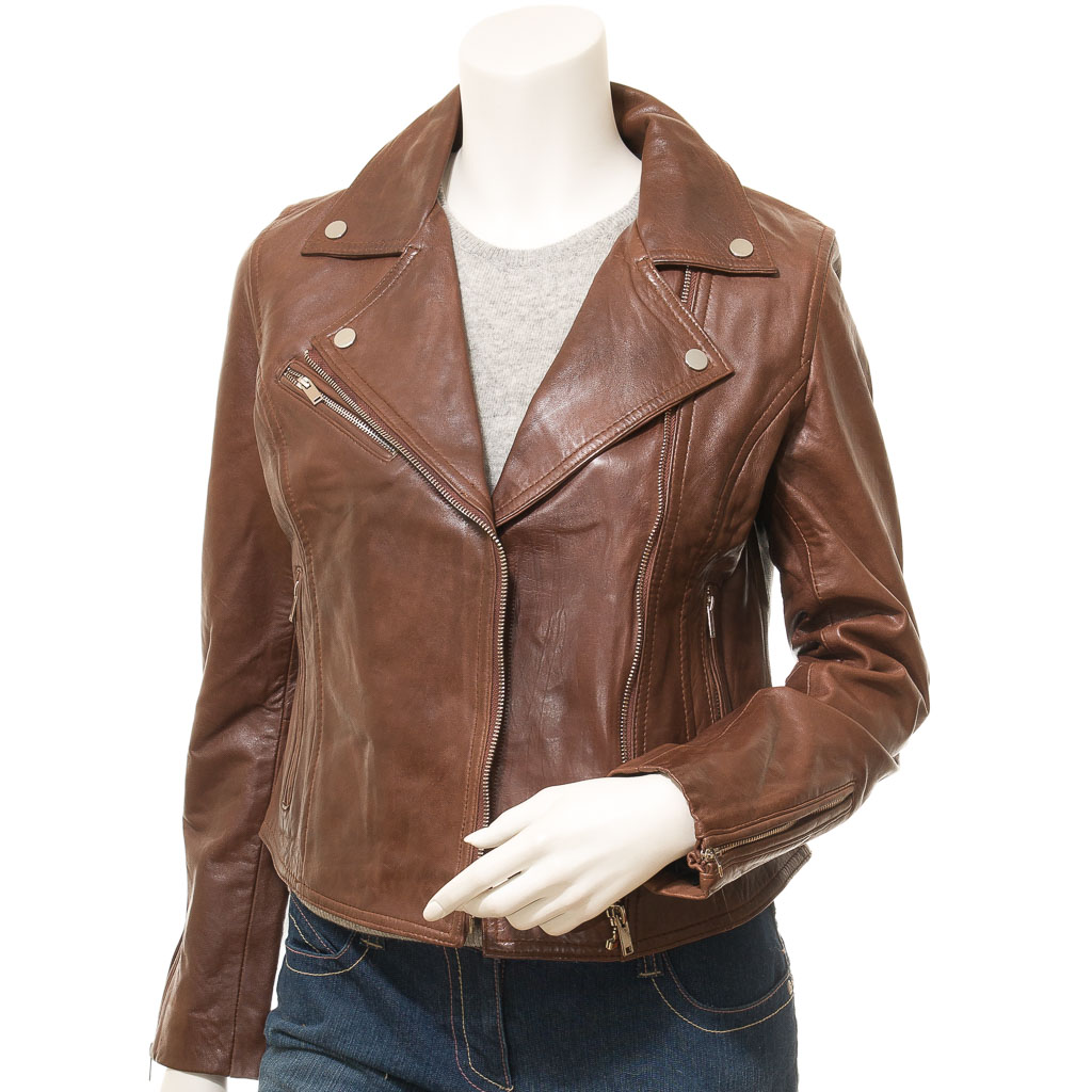 WOMEN'S BROWN LEATHER BIKER JACKET: AMENIA-1