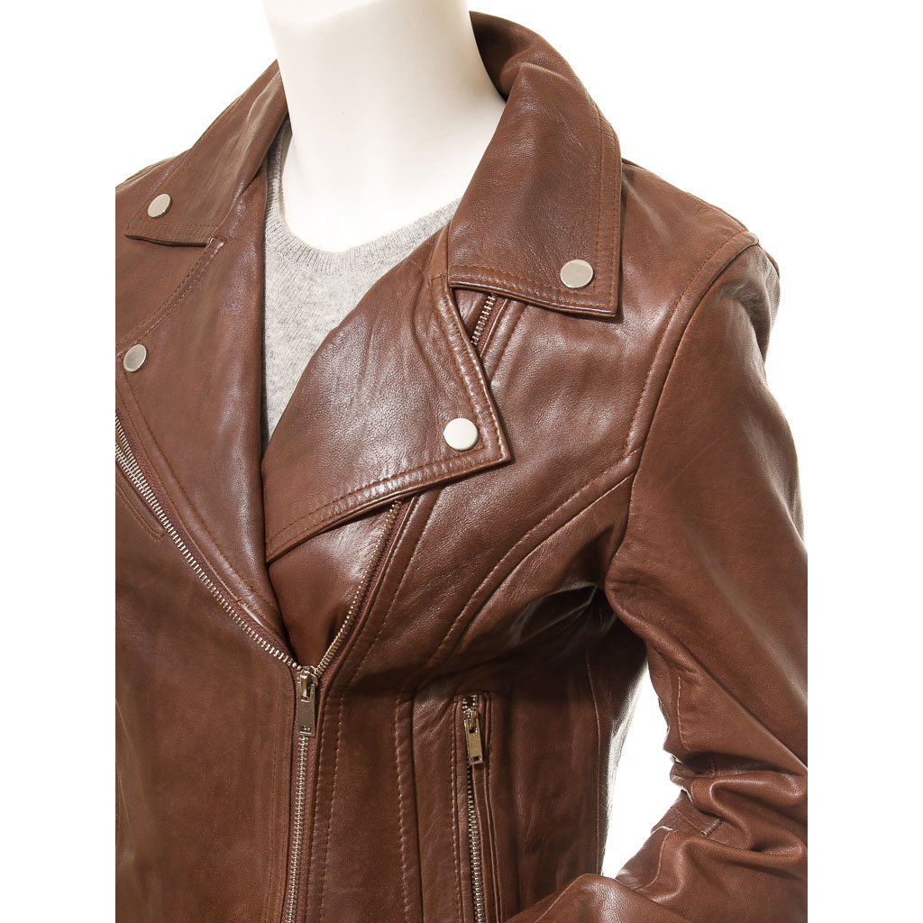 WOMEN'S BROWN LEATHER BIKER JACKET: AMENIA-3