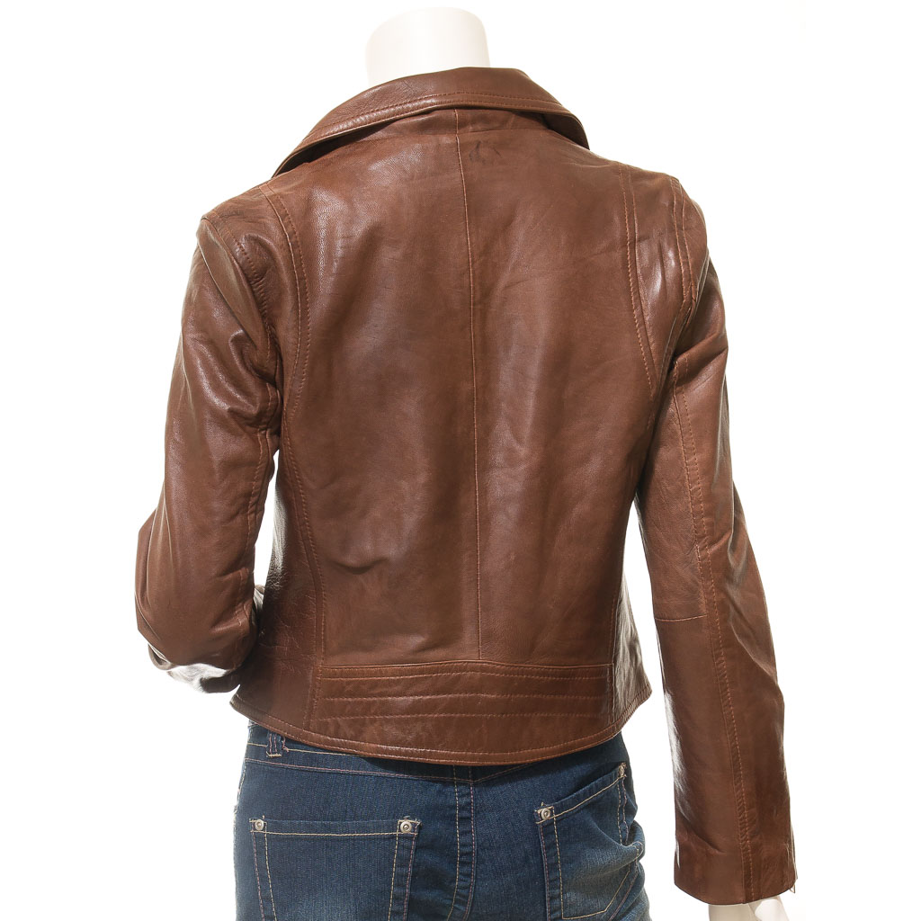 WOMEN'S BROWN LEATHER BIKER JACKET: AMENIA-2