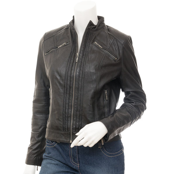 WOMEN'S BLACK LEATHER BIKER JACKET : ARCADIA-0