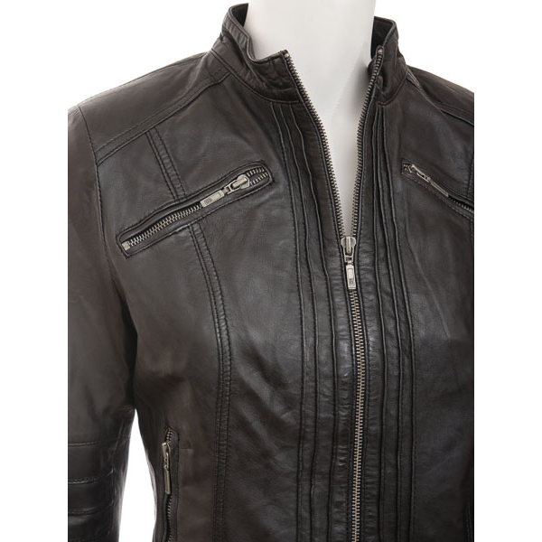 WOMEN'S BLACK LEATHER BIKER JACKET : ARCADIA-2