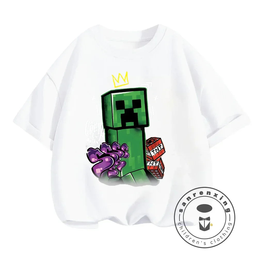 2024 Summer Minecraft Print Children Cotton T Shirts Cartoon Game Boys Girls Clothes Kids T-shirt Clothes For 3-13Y