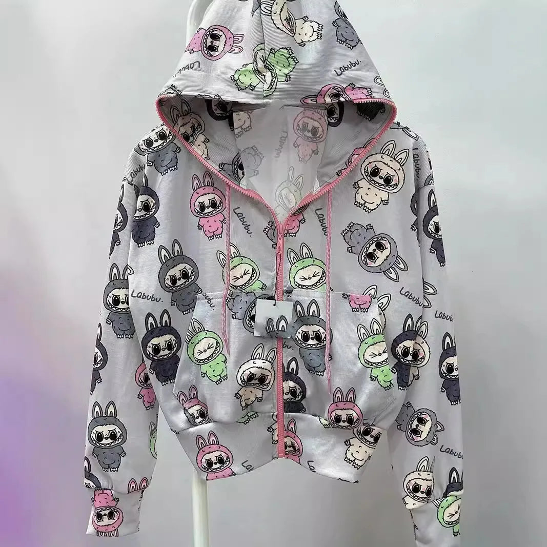 LABUBU Cartoon Hoodie Anime Print Hooded Sweatshirt Kawaii Cute Cardigan Loose Long Sleeved Jacket Thin Top Ins Clothing Gift