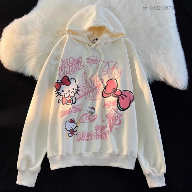 Sanrio Hello Kitty New Print Tops Hooded Women Men Autumn Winter Aesthetic Loose Sweatshirts Y2k Cute Pullovers Fashion Clothes