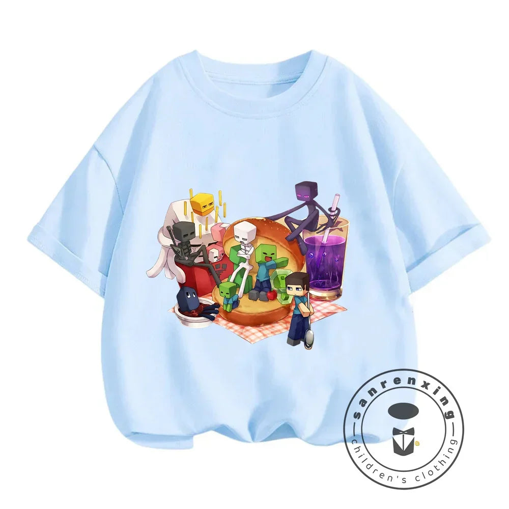 2024 Summer Minecraft Print Children Cotton T Shirts Cartoon Game Boys Girls Clothes Kids T-shirt Clothes For 3-13Y