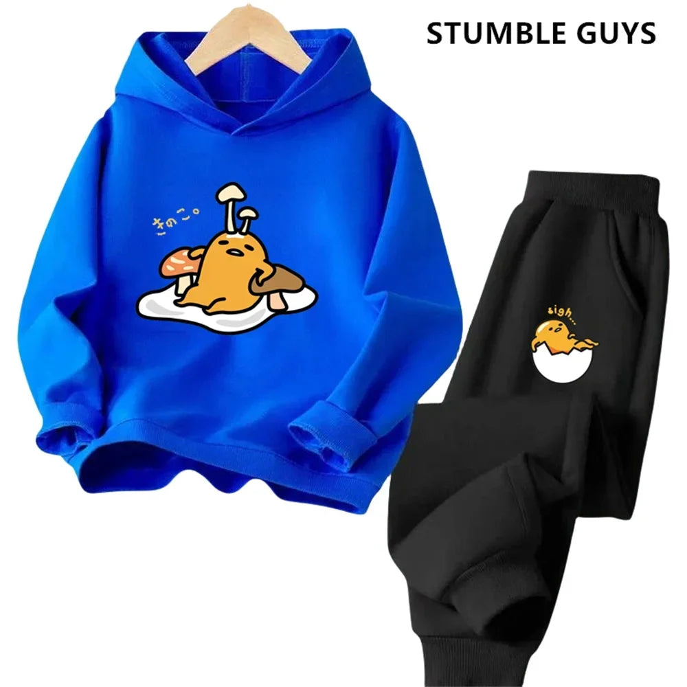 Gudetama Trucksuit Cartoon Boys and Girls 3-14 Years Old Kawaii Street Casual Sweatshirt Children's Outdoor Sports Hoodie Set