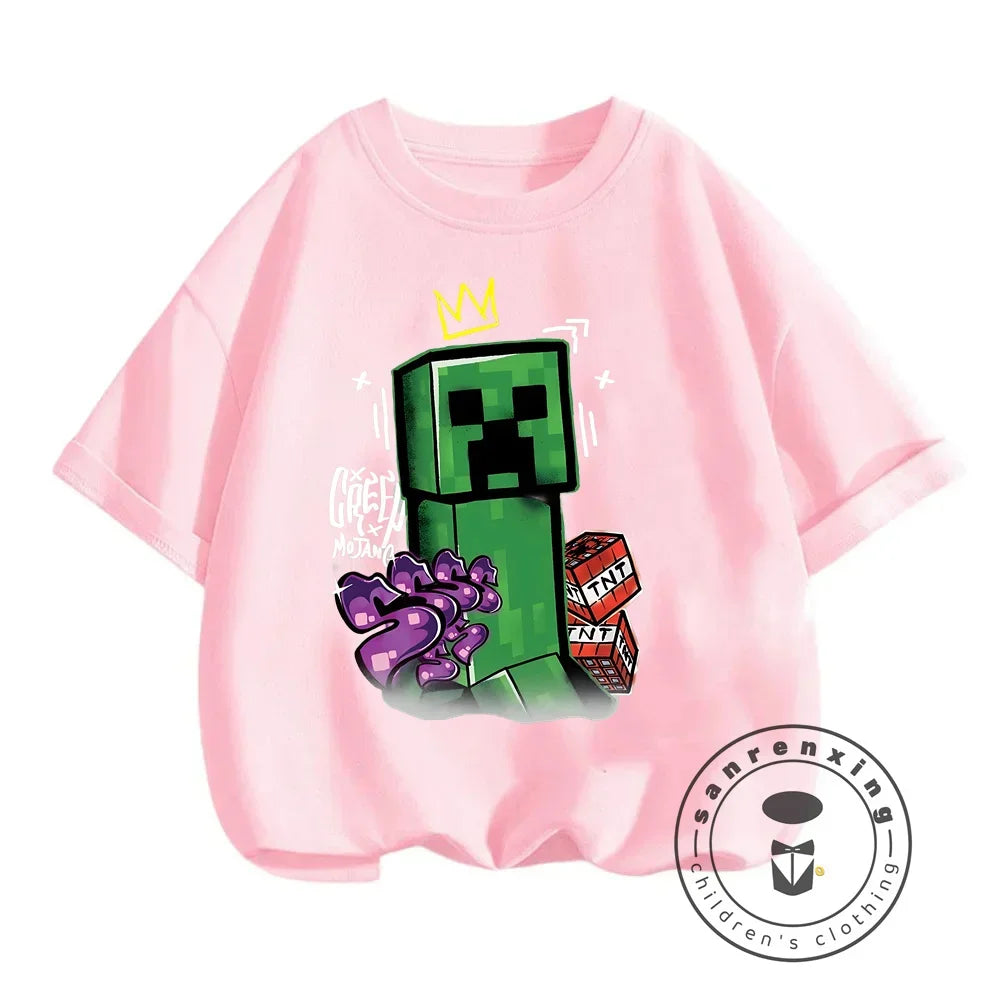 2024 Summer Minecraft Print Children Cotton T Shirts Cartoon Game Boys Girls Clothes Kids T-shirt Clothes For 3-13Y