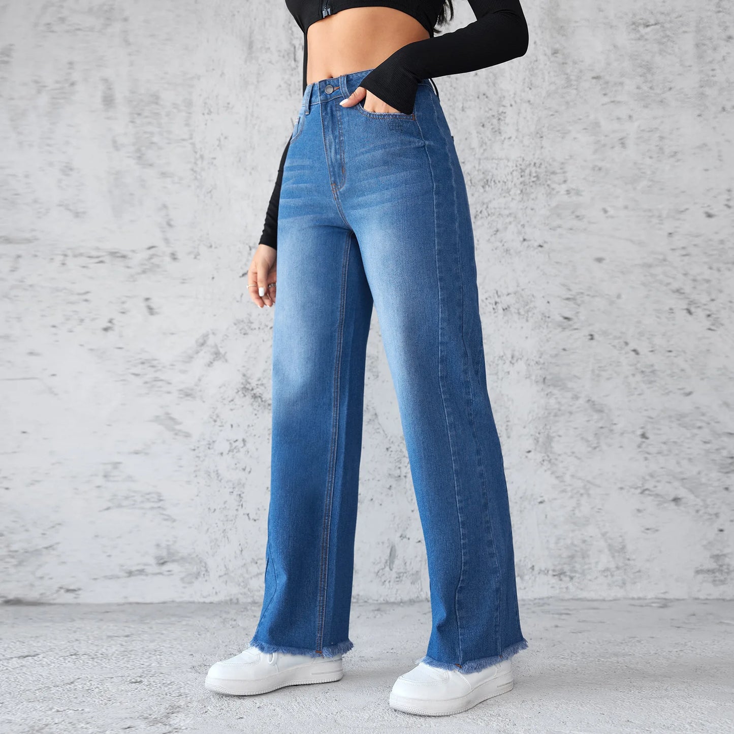 Washed Distressed Denim Straight Pants Vintage Women Jean Pockets High Waist Loose Fit Ankle Length Wide Leg Pants Basics